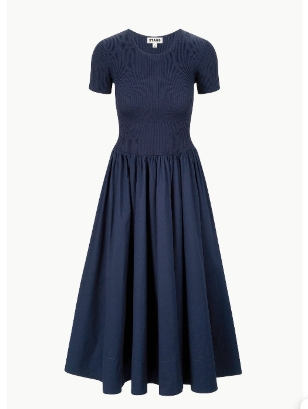 STAUD Ysabel Navy Blue Short-Sleeve Knit Bodice Long Dress With Pockets Sz-L - Picture 7 of 13